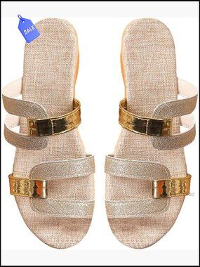 Gold Metallic Strappy Slide Sandals Sparkly Flat Dressy Open Square Toe